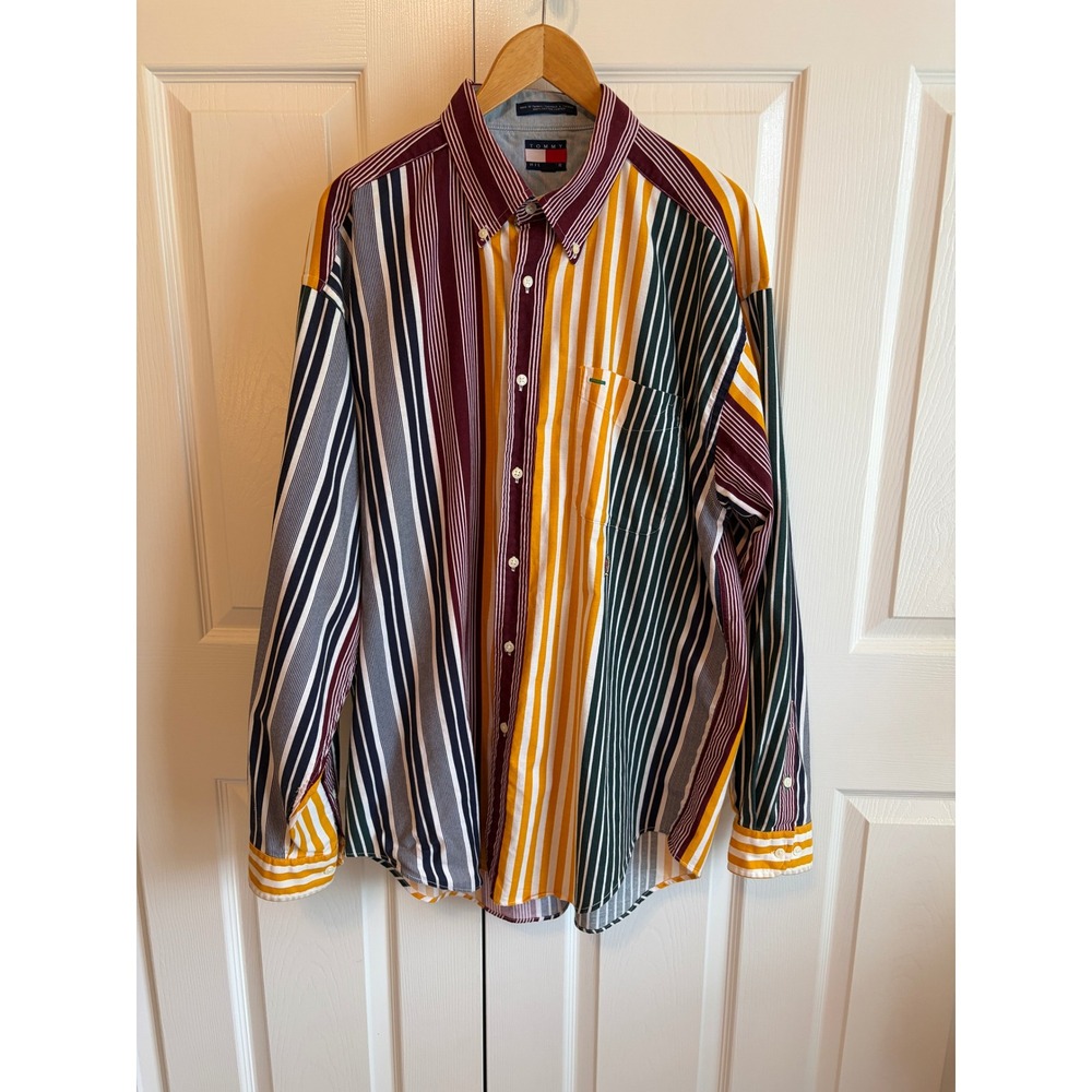 Vintage 90s Tommy Hilfiger Multi Color Stripe Button Down Shirt Mens XL
